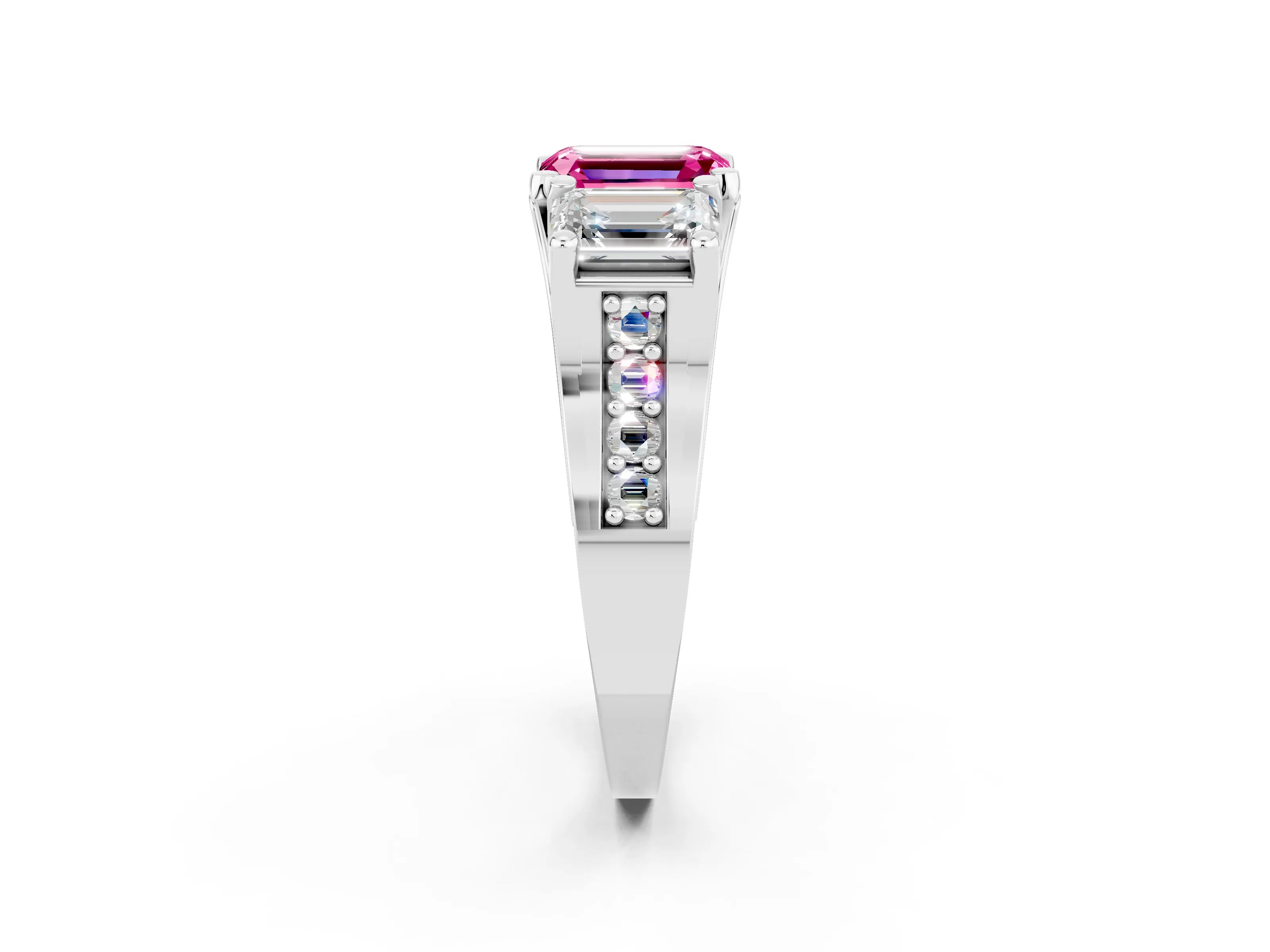 White gold Emerald Cut Pink Sapphire Three-Stone Ring with Channel Set Band and Four-Prong Setting_2