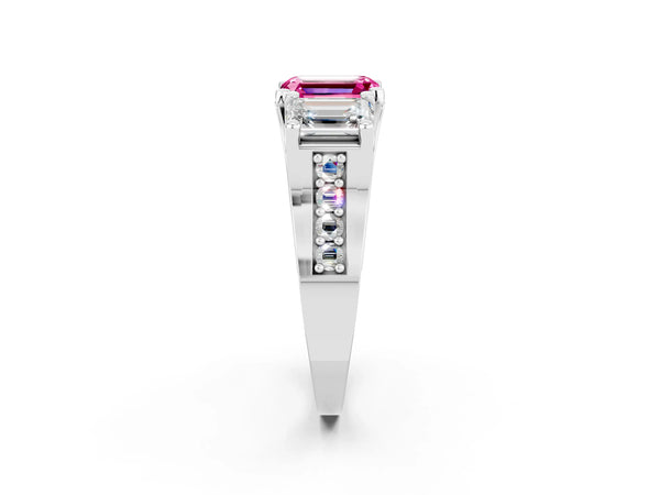 White gold Emerald Cut Pink Sapphire Three-Stone Ring with Channel Set Band and Four-Prong Setting
