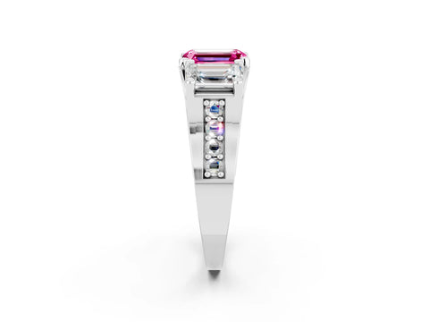 White gold Emerald Cut Pink Sapphire Three-Stone Ring with Channel Set Band and Four-Prong Setting_2