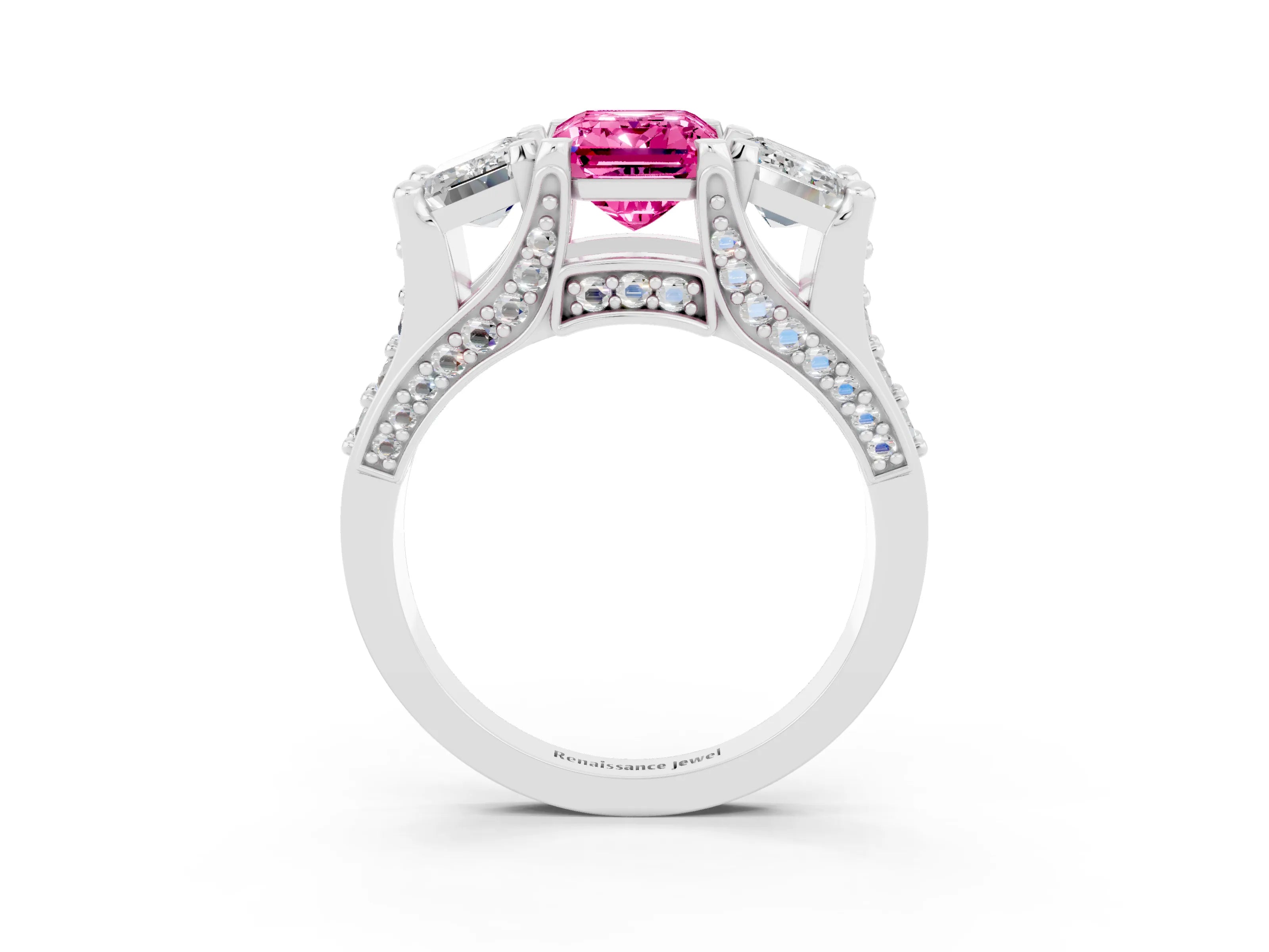 White gold Emerald Cut Pink Sapphire Three-Stone Ring with Channel Set Band and Four-Prong Setting_3