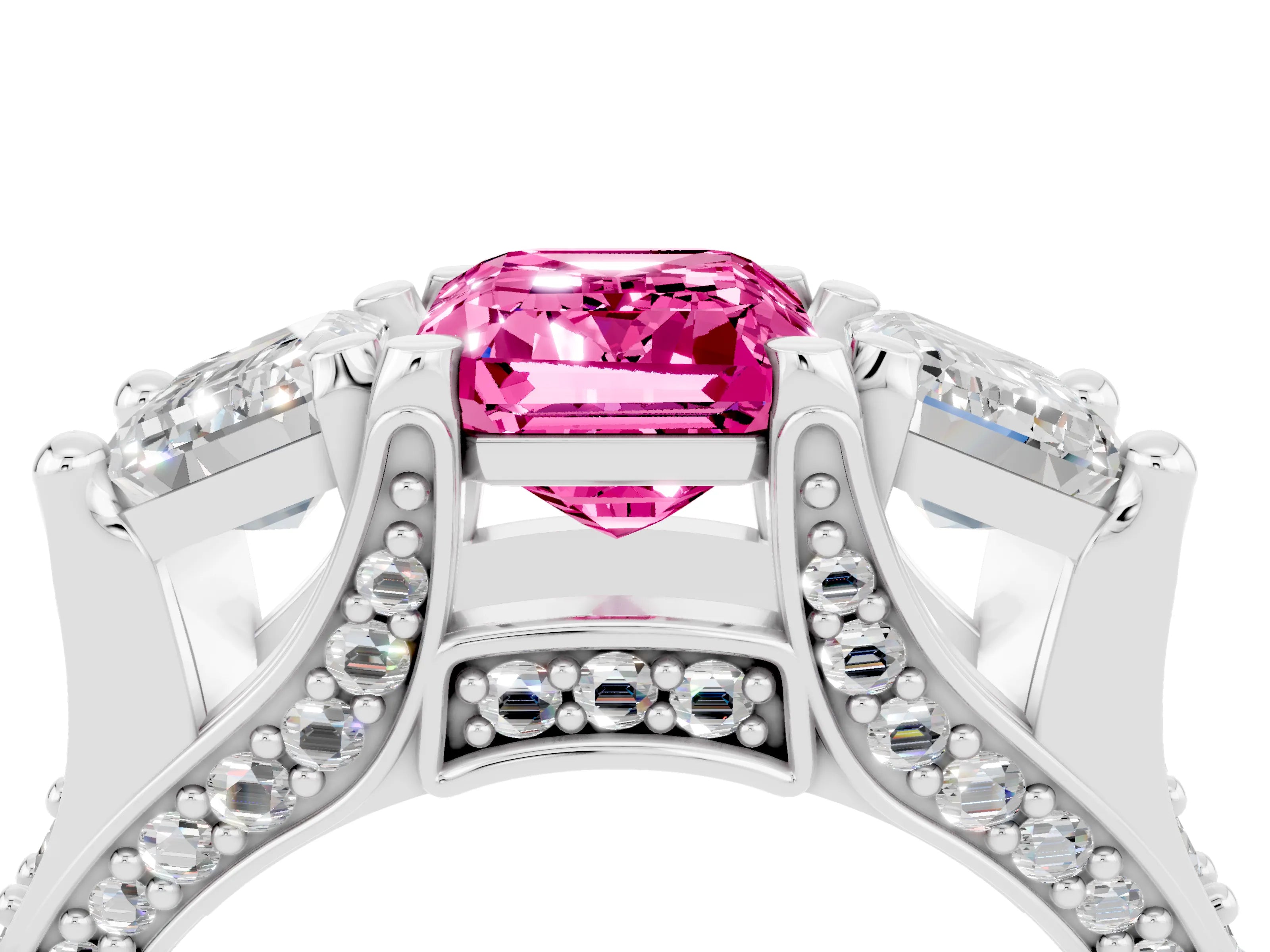 White gold Emerald Cut Pink Sapphire Three-Stone Ring with Channel Set Band and Four-Prong Setting_4