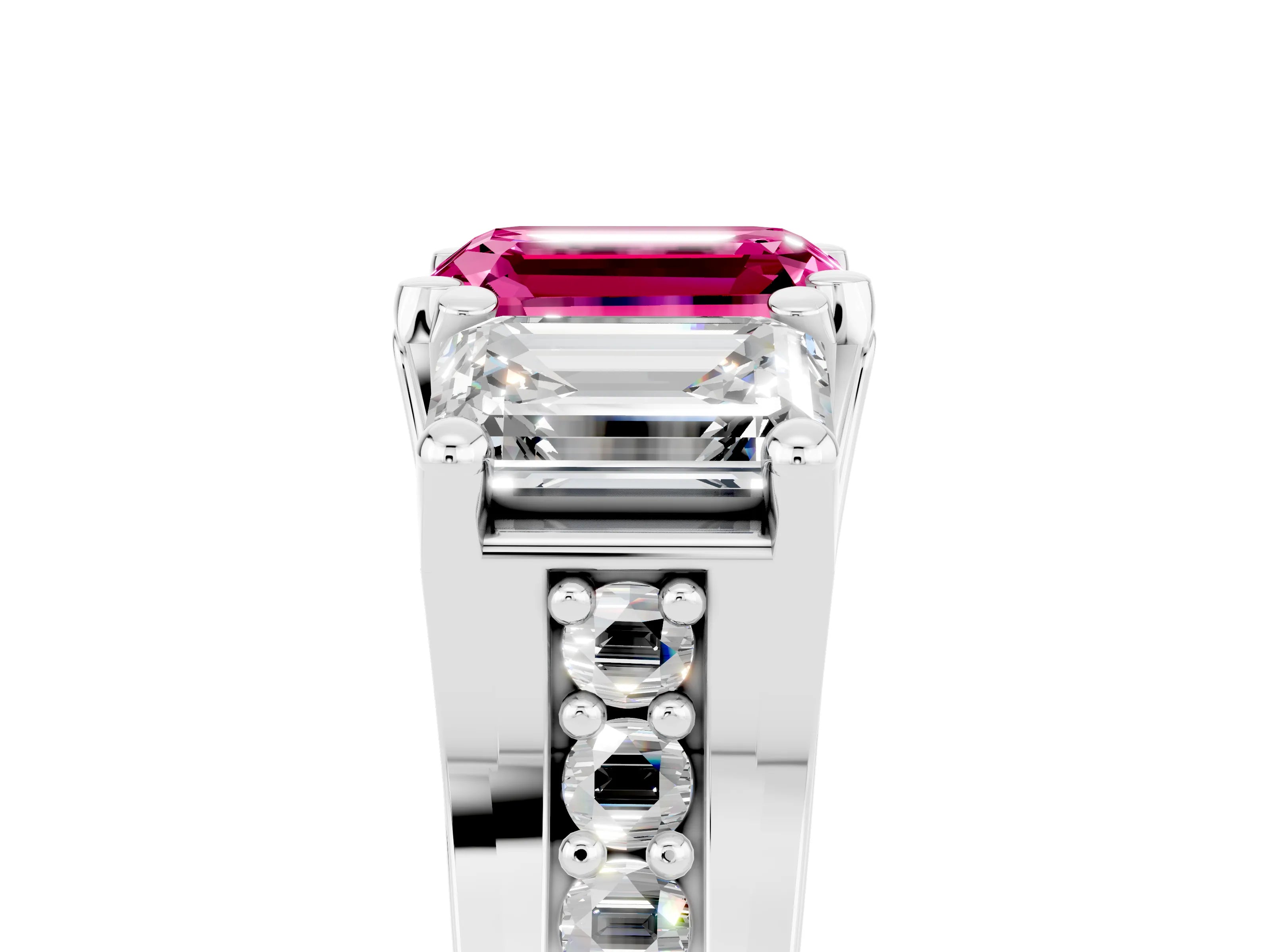 White gold Emerald Cut Pink Sapphire Three-Stone Ring with Channel Set Band and Four-Prong Setting_5