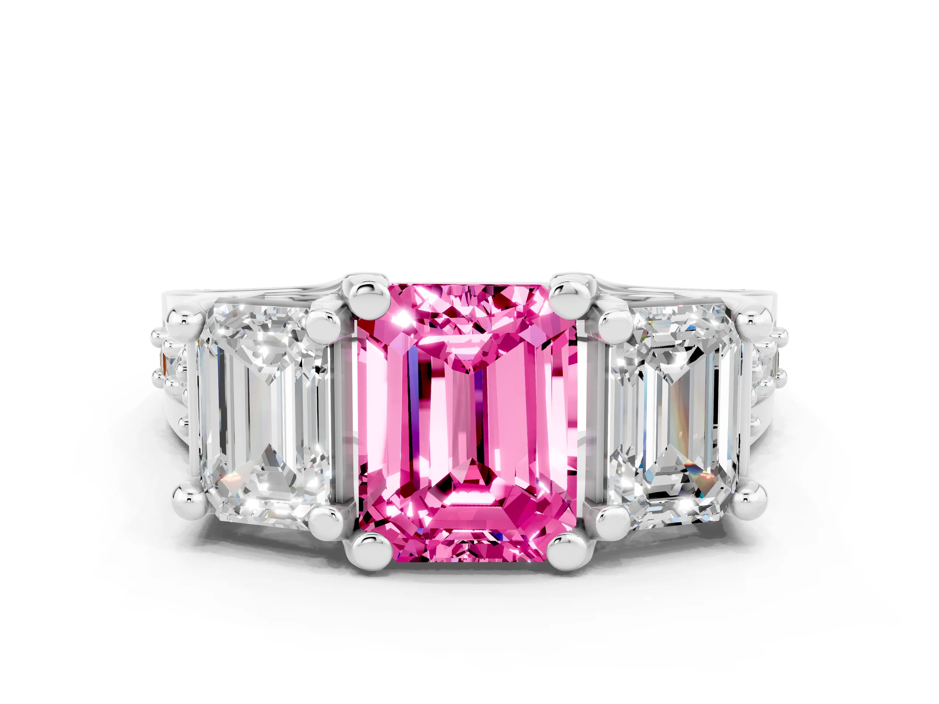 White gold Emerald Cut Pink Sapphire Three-Stone Ring with Channel Set Band and Four-Prong Setting