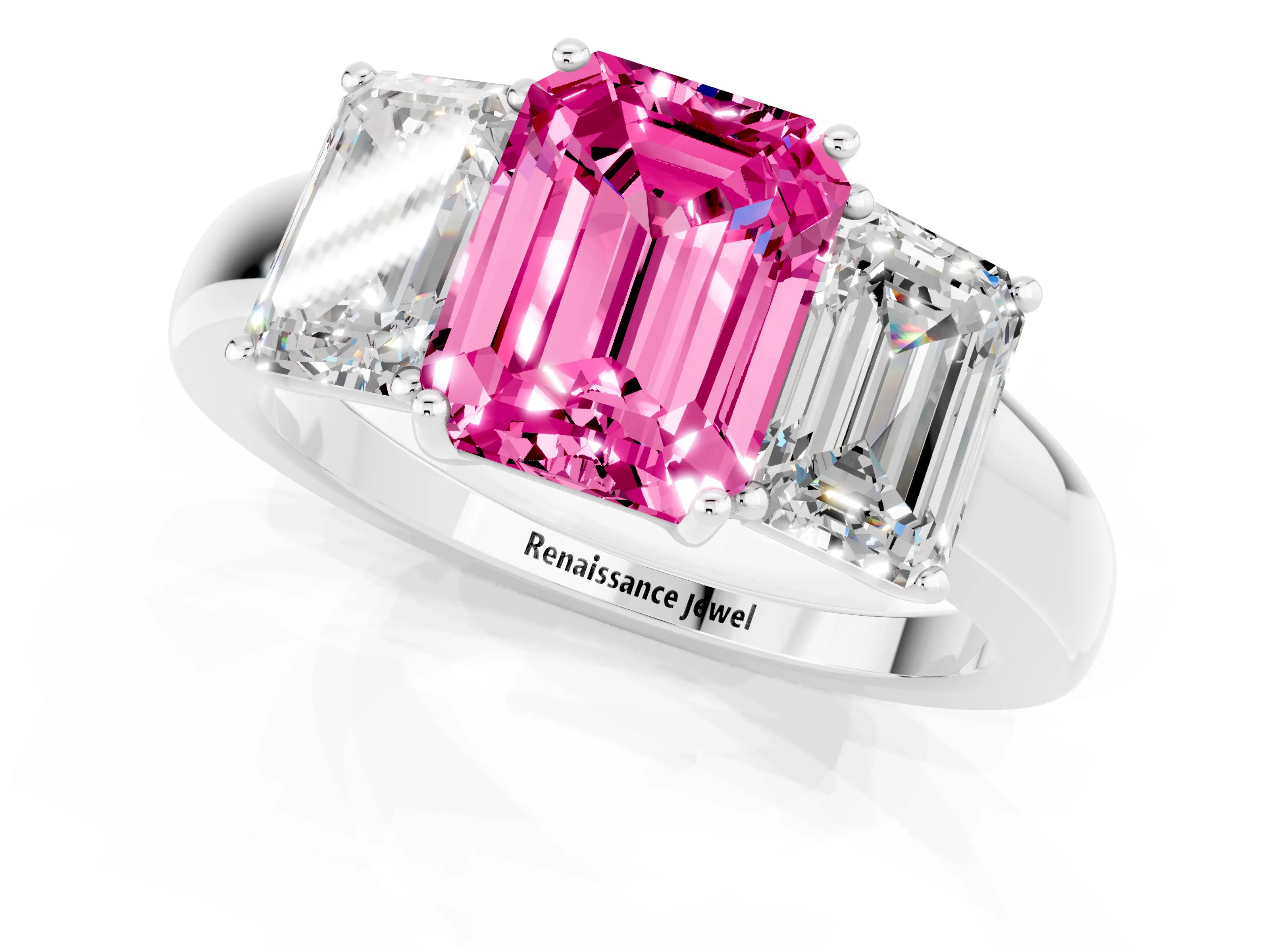 White gold Emerald Cut Pink Sapphire Three-Stone Ring with Four-Prong Setting and Classic Band_1