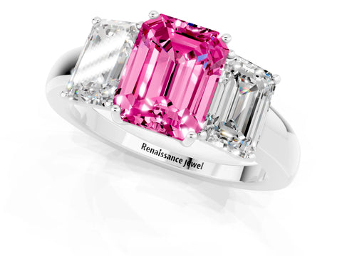 White gold Emerald Cut Pink Sapphire Three-Stone Ring with Four-Prong Setting and Classic Band_1