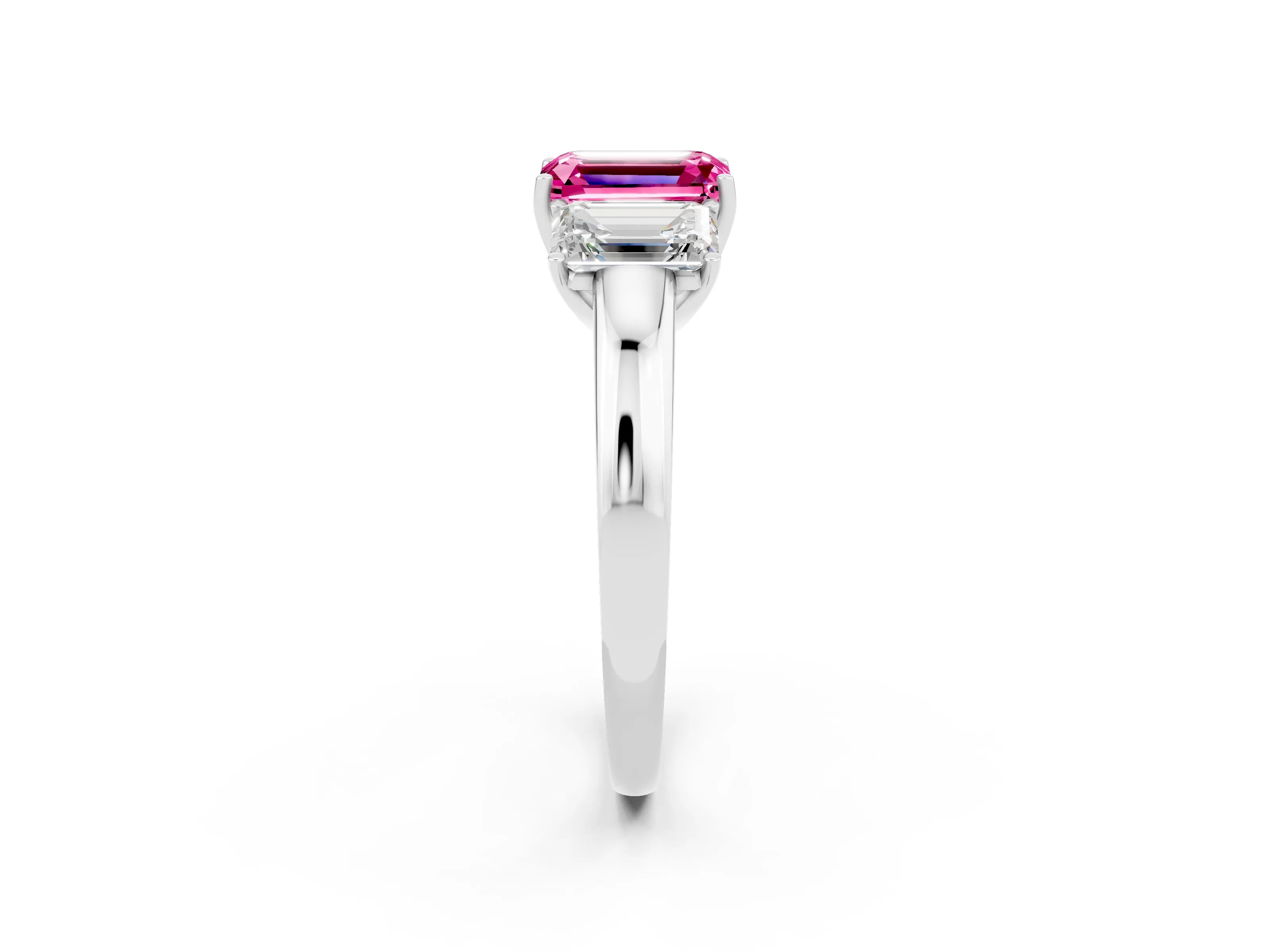White gold Emerald Cut Pink Sapphire Three-Stone Ring with Four-Prong Setting and Classic Band_2