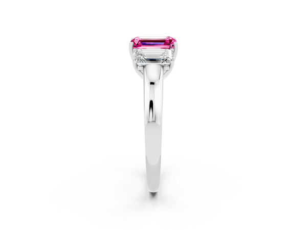 Platinum Emerald Cut Pink Sapphire Three-Stone Ring with Four-Prong Setting and Classic Band