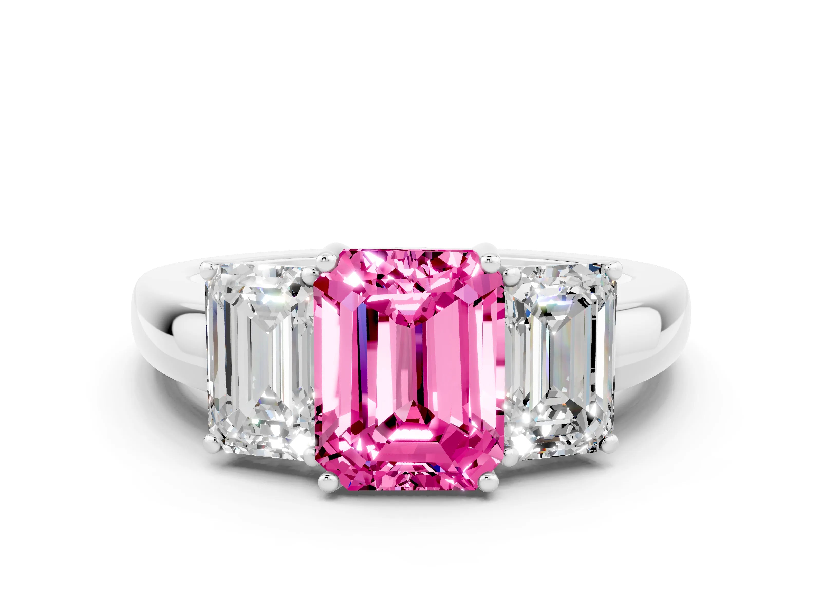 White gold Emerald Cut Pink Sapphire Three-Stone Ring with Four-Prong Setting and Classic Band