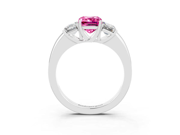 Silver Emerald Cut Pink Sapphire Three-Stone Ring with Four-Prong Setting and Classic Band