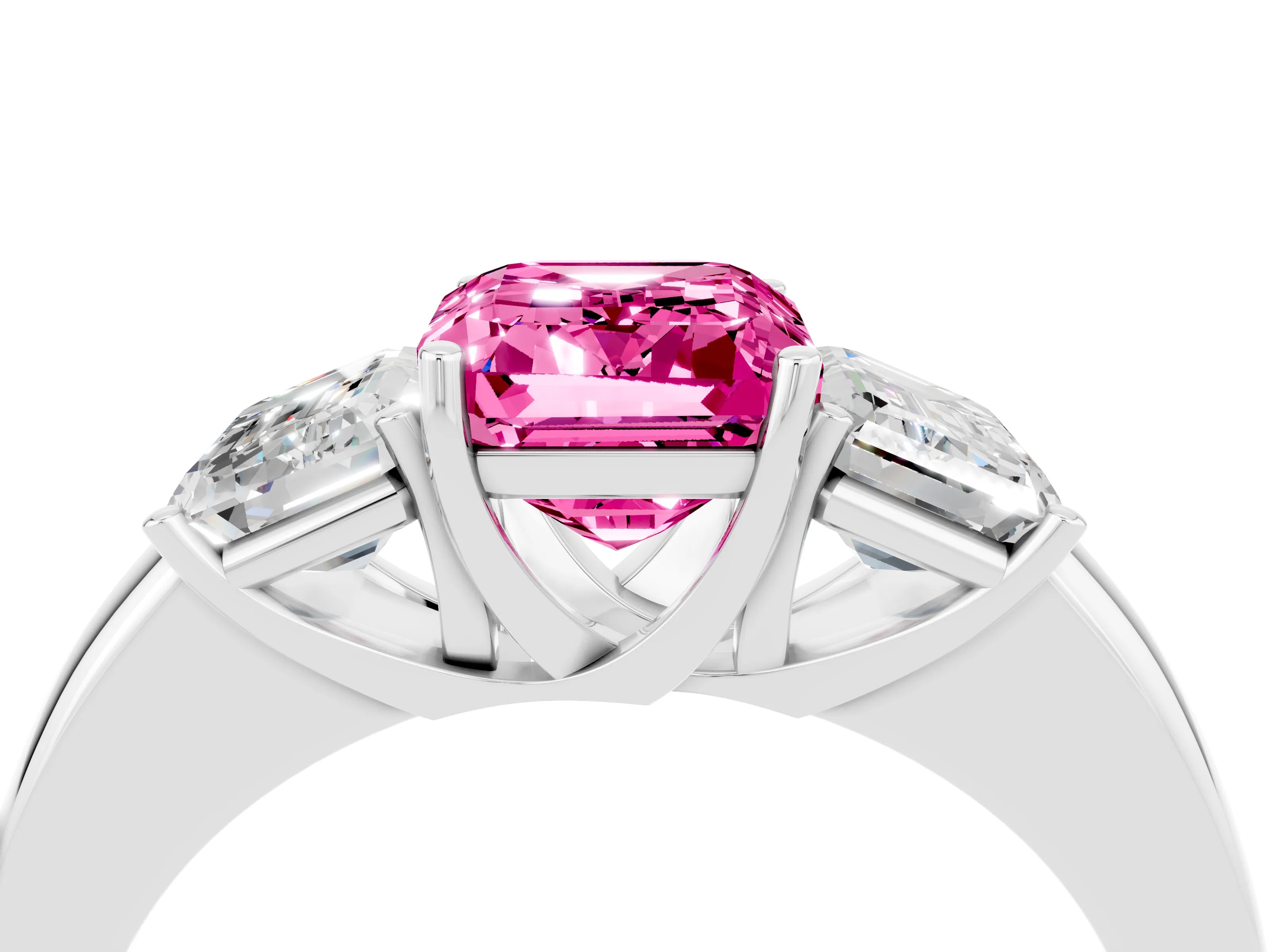 White gold Emerald Cut Pink Sapphire Three-Stone Ring with Four-Prong Setting and Classic Band_4