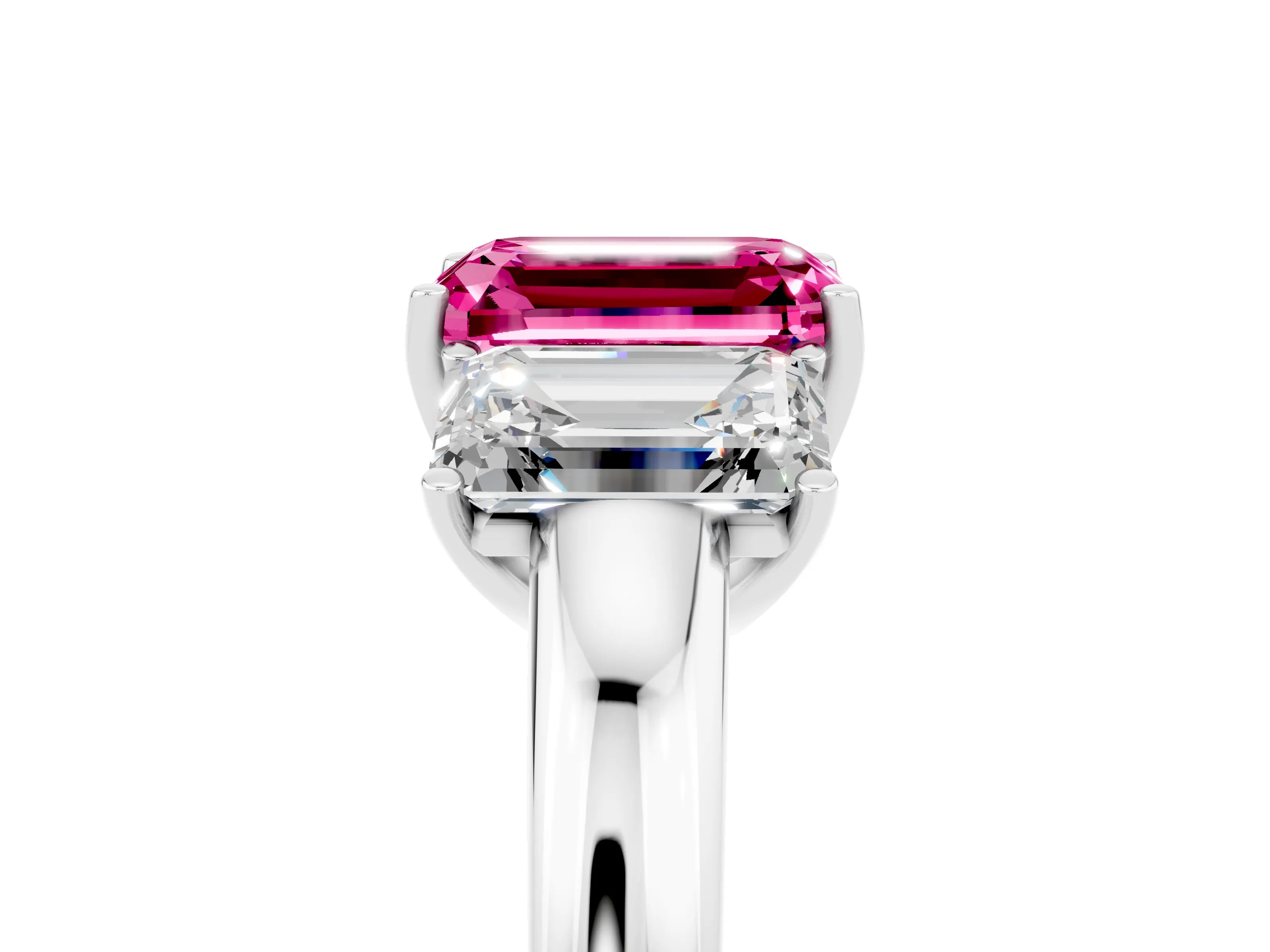 White gold Emerald Cut Pink Sapphire Three-Stone Ring with Four-Prong Setting and Classic Band_5