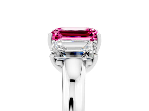 White gold Emerald Cut Pink Sapphire Three-Stone Ring with Four-Prong Setting and Classic Band_5