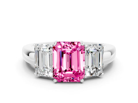 White gold Emerald Cut Pink Sapphire Three-Stone Ring with Four-Prong Setting and Classic Band