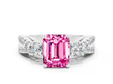 White gold Emerald Cut Pink Sapphire Three-Stone Ring with Pavé Split Shank and Four-Prong Setting_24