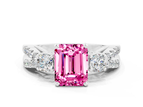 White gold Emerald Cut Pink Sapphire Three-Stone Ring with Pavé Split Shank and Four-Prong Setting_24