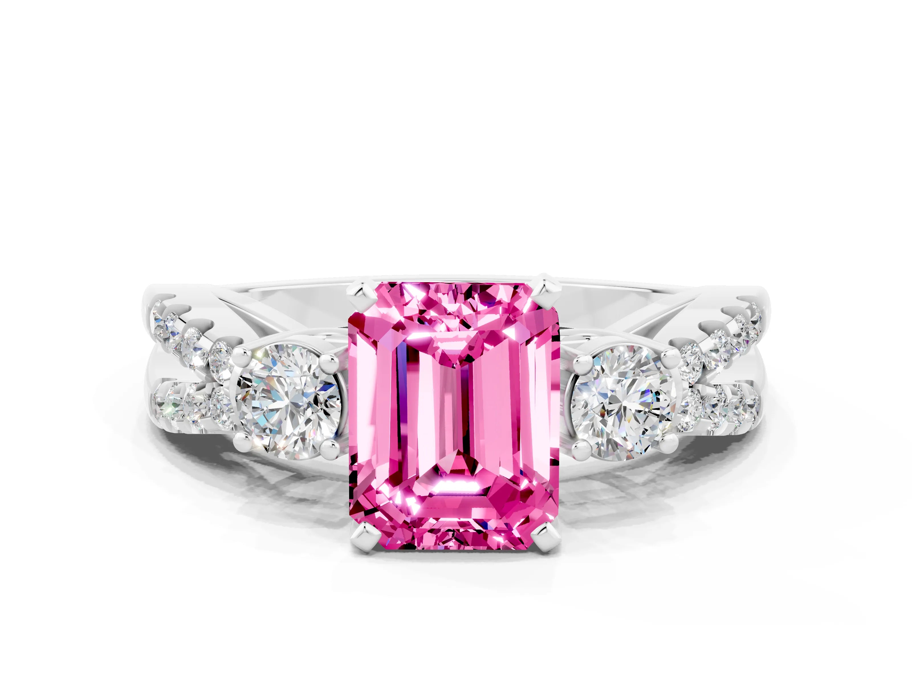 White gold Emerald Cut Pink Sapphire Three-Stone Ring with Pavé Split Shank and Four-Prong Setting_24