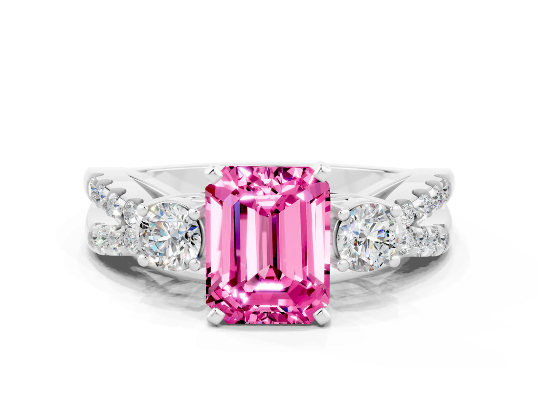 White gold Emerald Cut Pink Sapphire Three-Stone Ring with Pavé Split Shank and Four-Prong Setting_24