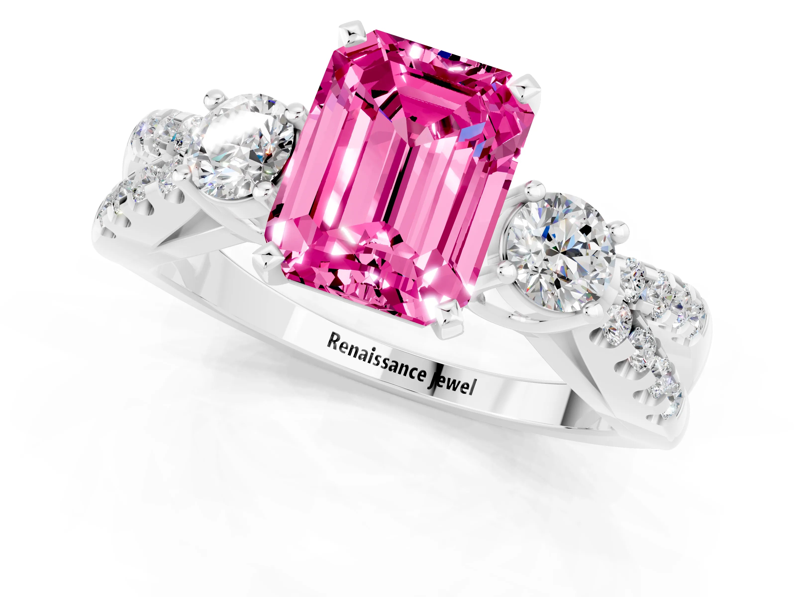 White gold Emerald Cut Pink Sapphire Three-Stone Ring with Pavé Split Shank and Four-Prong Setting_25