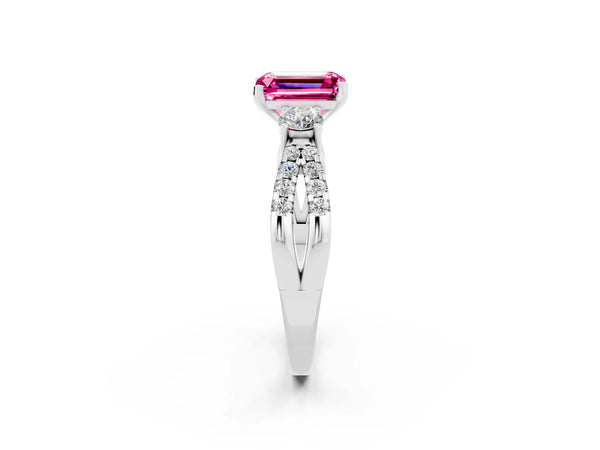 White gold Emerald Cut Pink Sapphire Three-Stone Ring with Pavé Split Shank and Four-Prong Setting