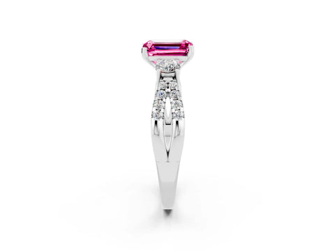 White gold Emerald Cut Pink Sapphire Three-Stone Ring with Pavé Split Shank and Four-Prong Setting_26