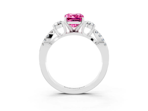 Silver Emerald Cut Pink Sapphire Three-Stone Ring with Pavé Split Shank and Four-Prong Setting