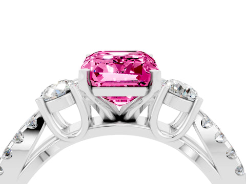 White gold Emerald Cut Pink Sapphire Three-Stone Ring with Pavé Split Shank and Four-Prong Setting_28