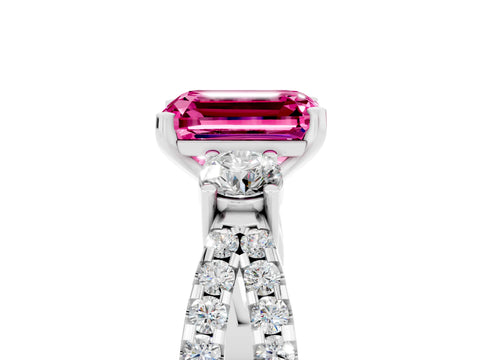 White gold Emerald Cut Pink Sapphire Three-Stone Ring with Pavé Split Shank and Four-Prong Setting_29