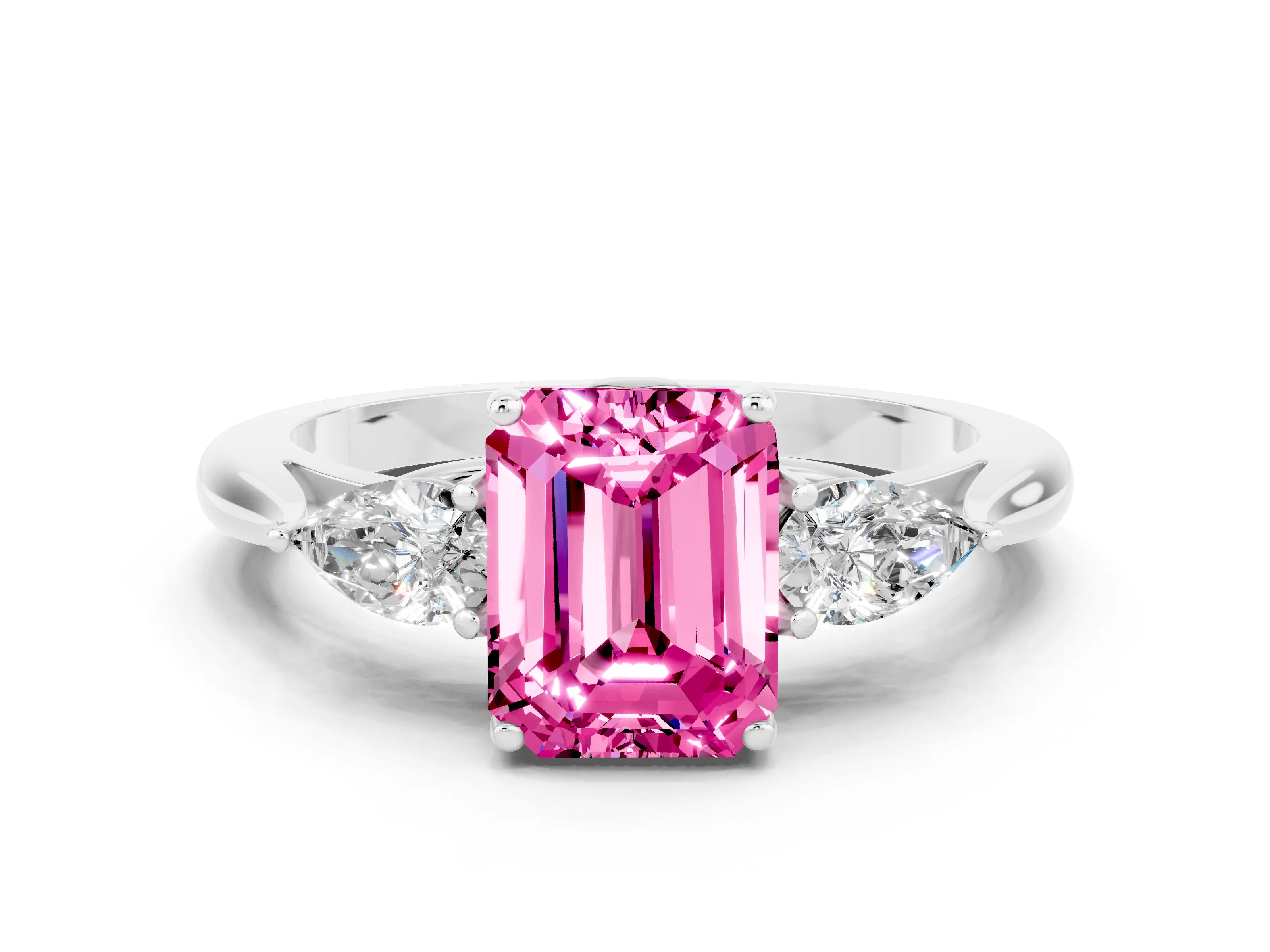 White gold Emerald Cut Pink Sapphire Three-Stone Ring with Pear Side Stones and Four-Prong Setting_12