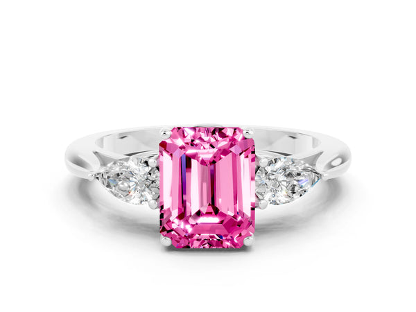 Platinum Emerald Cut Pink Sapphire Three-Stone Ring with Pear  Side Stones and Prong Setting