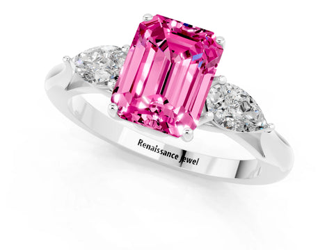 White gold Emerald Cut Pink Sapphire Three-Stone Ring with Pear Side Stones and Four-Prong Setting_13