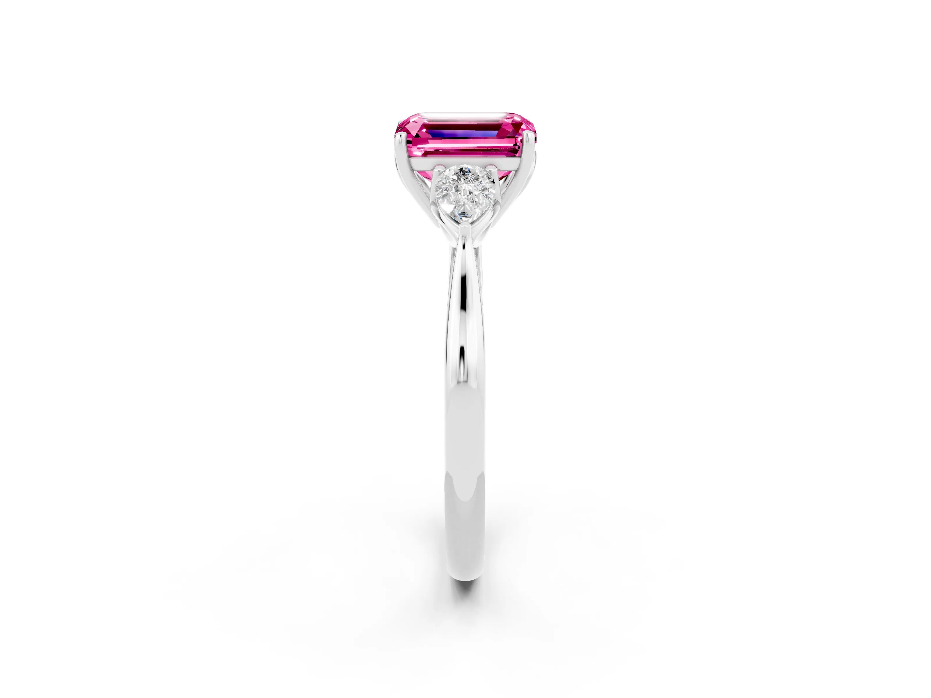 White gold Emerald Cut Pink Sapphire Three-Stone Ring with Pear Side Stones and Four-Prong Setting_14