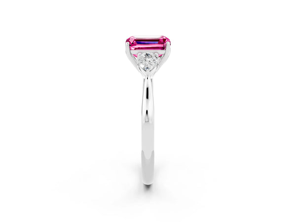 Silver Emerald Cut Pink Sapphire Three-Stone Ring with Pear  Side Stones and Prong Setting