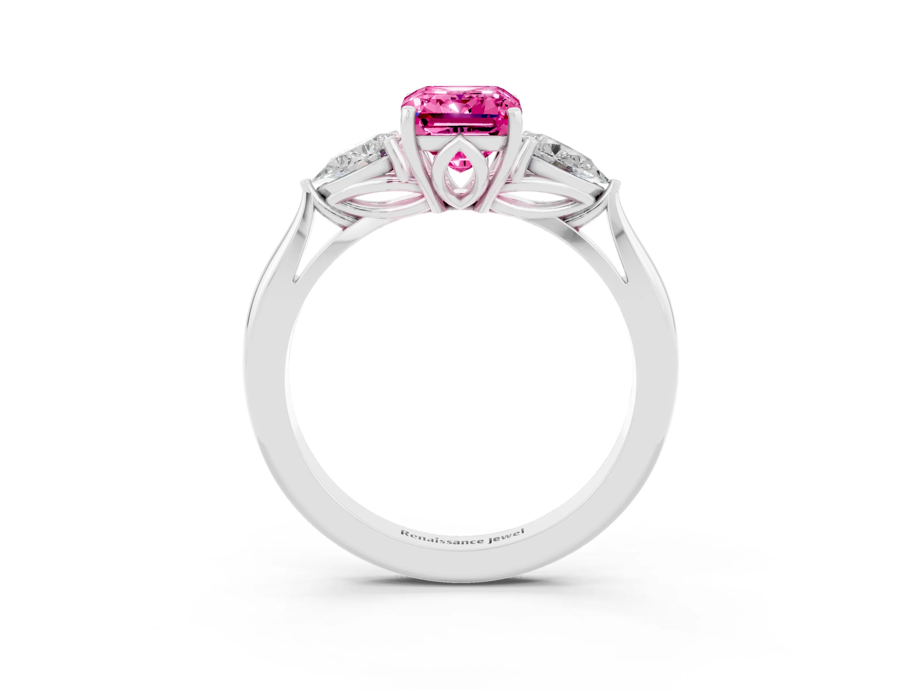 White gold Emerald Cut Pink Sapphire Three-Stone Ring with Pear Side Stones and Four-Prong Setting_15