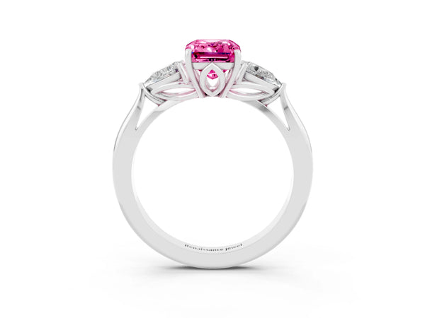 White gold Emerald Cut Pink Sapphire Three-Stone Ring with Pear  Side Stones and Prong Setting