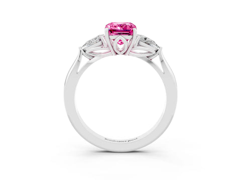 White gold Emerald Cut Pink Sapphire Three-Stone Ring with Pear Side Stones and Four-Prong Setting_15
