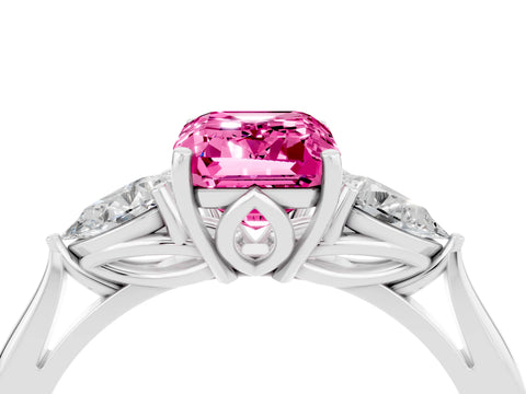 White gold Emerald Cut Pink Sapphire Three-Stone Ring with Pear Side Stones and Four-Prong Setting_16