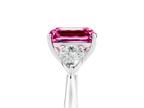 White gold Emerald Cut Pink Sapphire Three-Stone Ring with Pear Side Stones and Four-Prong Setting_17