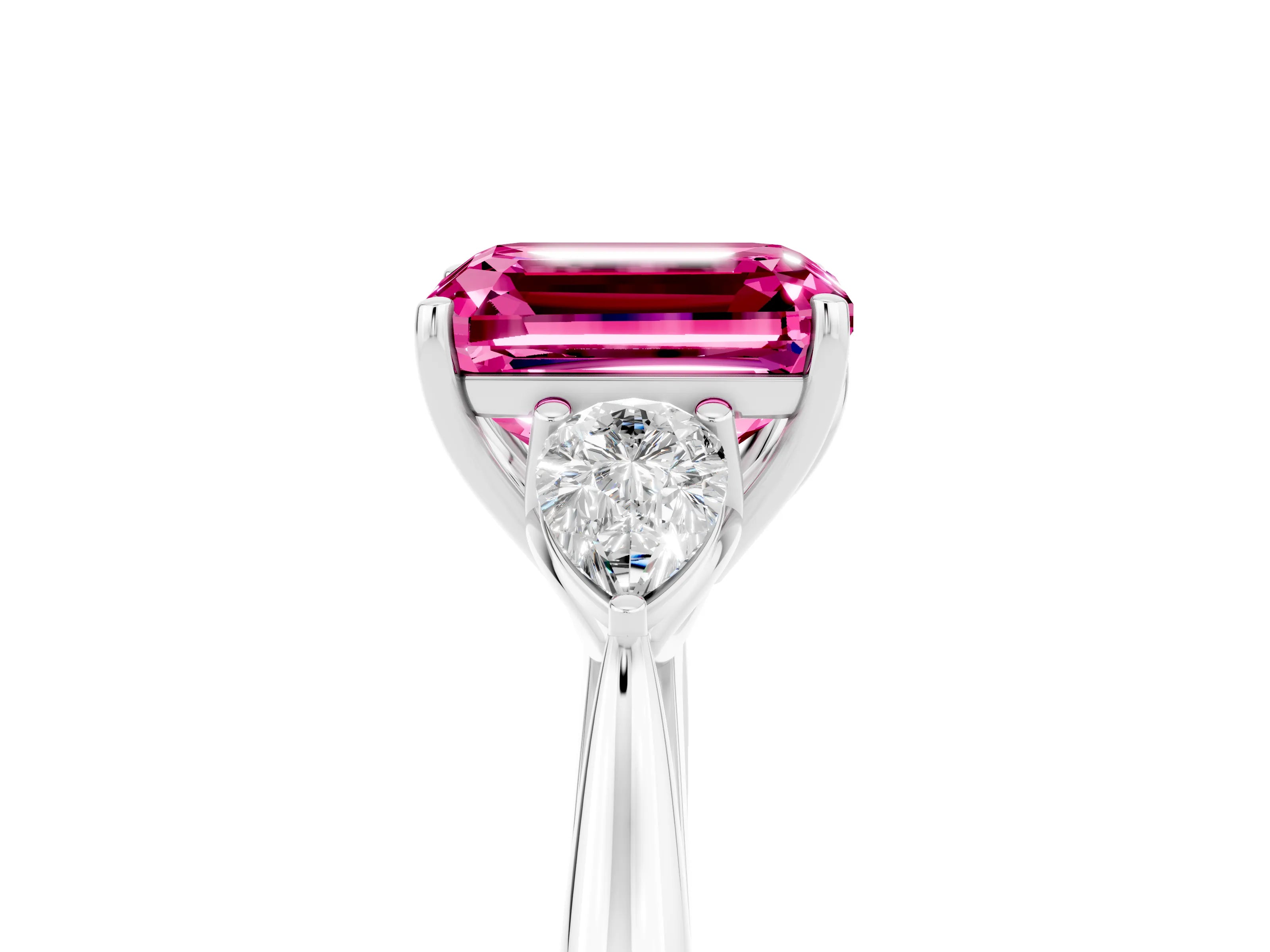 White gold Emerald Cut Pink Sapphire Three-Stone Ring with Pear Side Stones and Four-Prong Setting_17