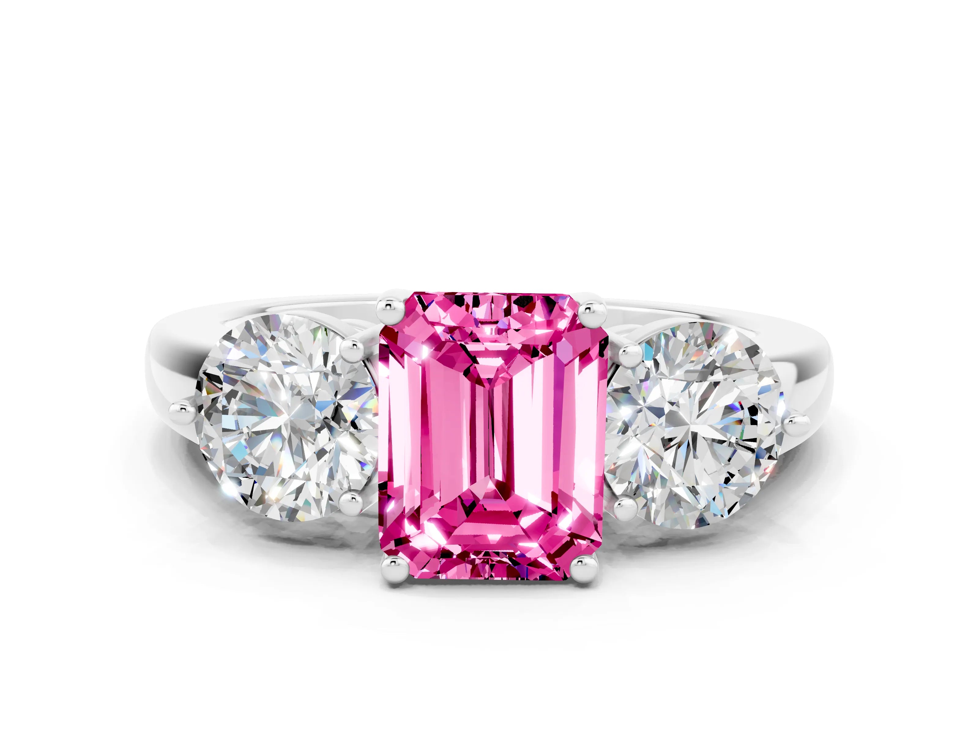 White gold Emerald Cut Pink Sapphire Three-Stone Ring with Prong Setting and Classic Band