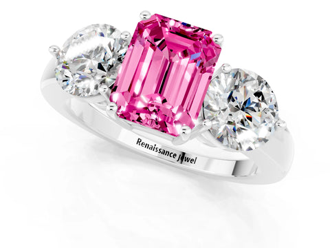 White gold Emerald Cut Pink Sapphire Three-Stone Ring with Prong Setting and Classic Band_1