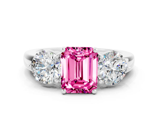 White gold Emerald Cut Pink Sapphire Three-Stone Ring with Prong Setting and Classic Band