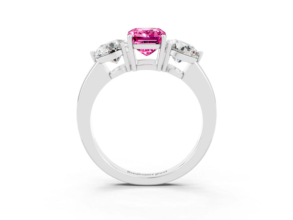 Silver Emerald Cut Pink Sapphire Three-Stone Ring with Prong Setting and Classic Band