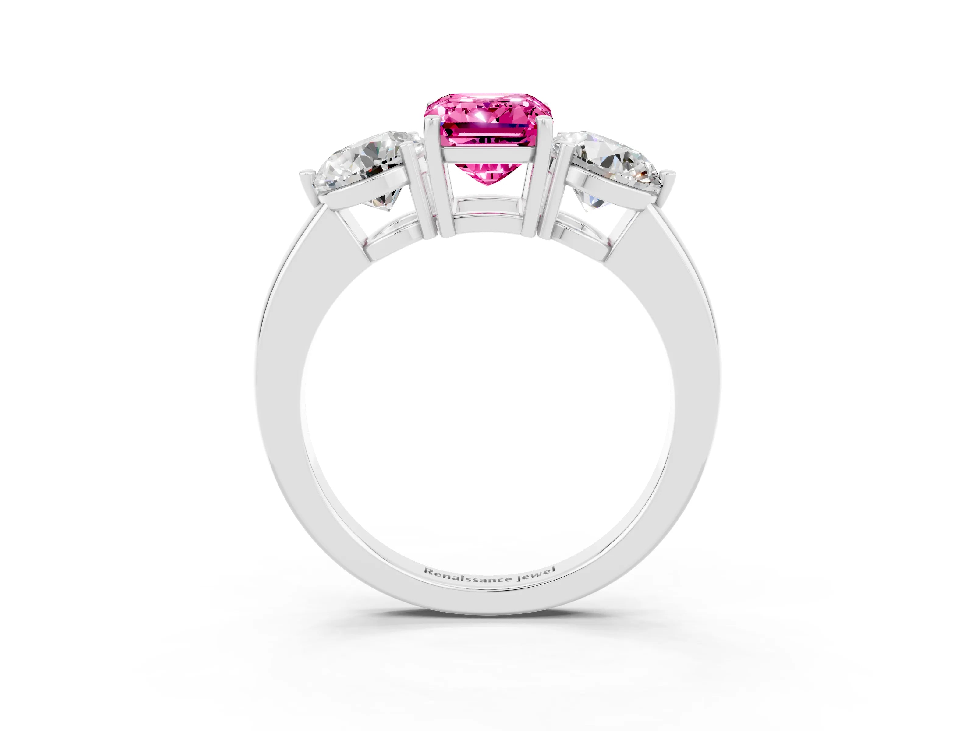 White gold Emerald Cut Pink Sapphire Three-Stone Ring with Prong Setting and Classic Band_3