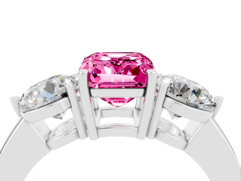 White gold Emerald Cut Pink Sapphire Three-Stone Ring with Prong Setting and Classic Band_4