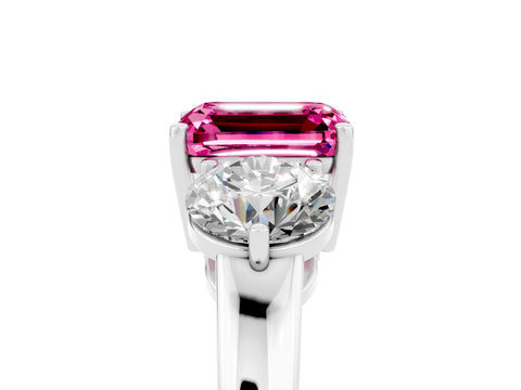 White gold Emerald Cut Pink Sapphire Three-Stone Ring with Prong Setting and Classic Band_5