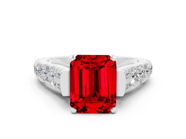 Platinum Emerald Cut Ruby Classic Solitaire Ring with Pavé Band and Four-Prong Setting
