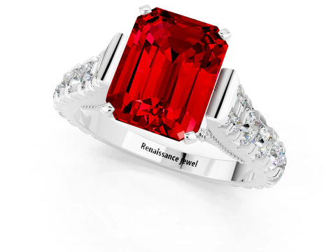 White gold Emerald Cut Ruby Classic Solitaire Ring with Pavé Band and Four-Prong Setting_1