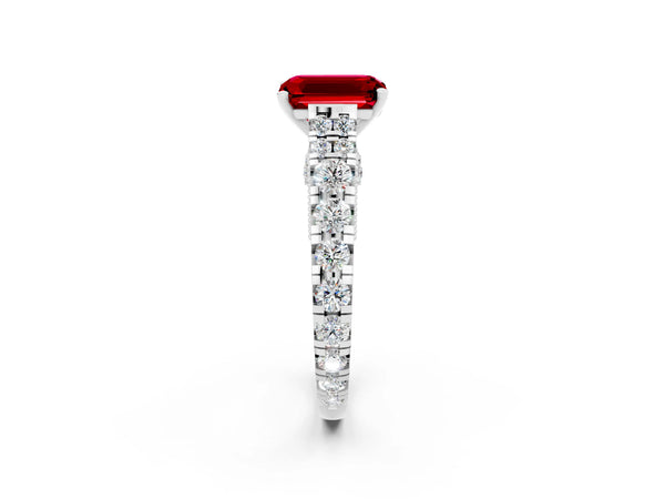 White gold Emerald Cut Ruby Classic Solitaire Ring with Pavé Band and Four-Prong Setting
