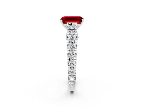 White gold Emerald Cut Ruby Classic Solitaire Ring with Pavé Band and Four-Prong Setting_2