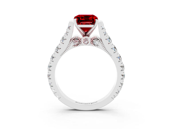 Platinum Emerald Cut Ruby Classic Solitaire Ring with Pavé Band and Four-Prong Setting